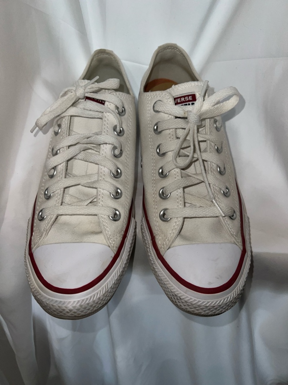 Converse White Low Top Sneakers with Red & Blue Trim - Picture 2 of 6